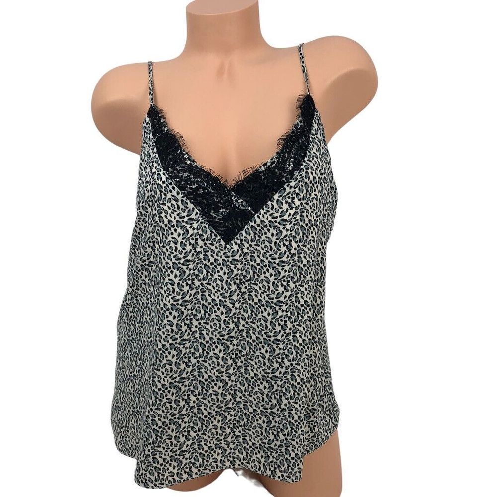 Socialite Animal Cheetah Print Cami Top Size L Black Lace Trim VNeck Office Boho